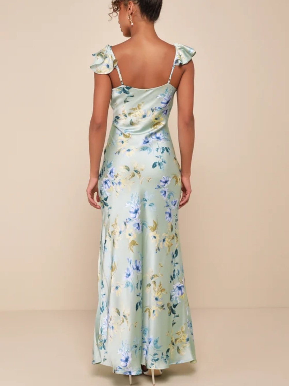 Floral Satin Slip Dress with Ruffle Straps - Light Mint - Picture 2 of 2